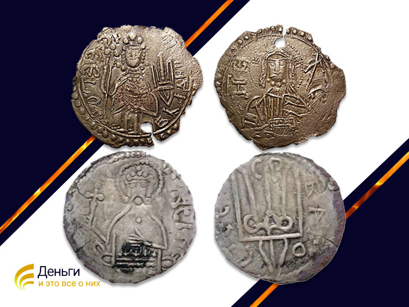 Верхний серебренник из Одесского нумизматического музея. Слева изображение князя Владимира, справа — образ Христа, согласно византийским прототипам. Внизу: Сребренник  Владимира 2 типа. Изображение взято из книги Белопольский С. С. Сребреники Киевской Руси X–XI веков найдены на территории Украины. Источники: Unknown authorUnknown author, Public domain, via Wikimedia Commons; Влад Федченко, Public domain, via Wikimedia Commons