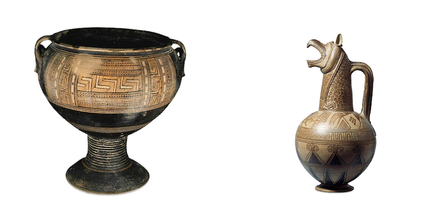 Слева: Постаментный кратер, около 800-770 гг. до н. э., Высота 55,5 см, греческий, геометрический период, Родос. Справа: кувшин с носиком в виде головы грифона, около 675-650 гг. до н. э., 41,5 см, греческий, период ориентализации оба © попечители Британского музея