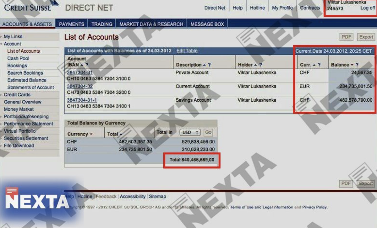 Якобы скриншот страницы личного кабинета Виктора в одном из швейцарских банков. Источник фото: Telegram-канал Nexta