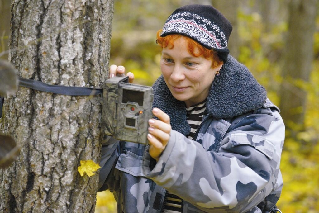 Сотрудница заповедника у фотоловушки