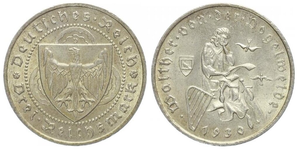 Германия - 3 марки 1930 года, посвящённые средневековому рыцарю-миннезингеру Вальтеру фон дер Фогельвейде (серебро 500 пробы, отметка "D", тираж - 42000 штук). Монета великолепна во всём: своей готической легендой, средневековым сюжетом, гербом, изображённым в абсолютно готической традиции (треугольник в трилистнике)
