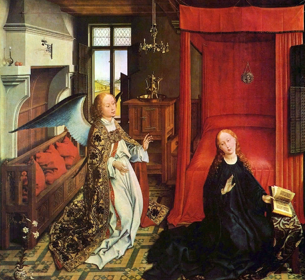 Художник 15 века Рогир ван дер Вейден изобразил Благовещение во фламандском доме.