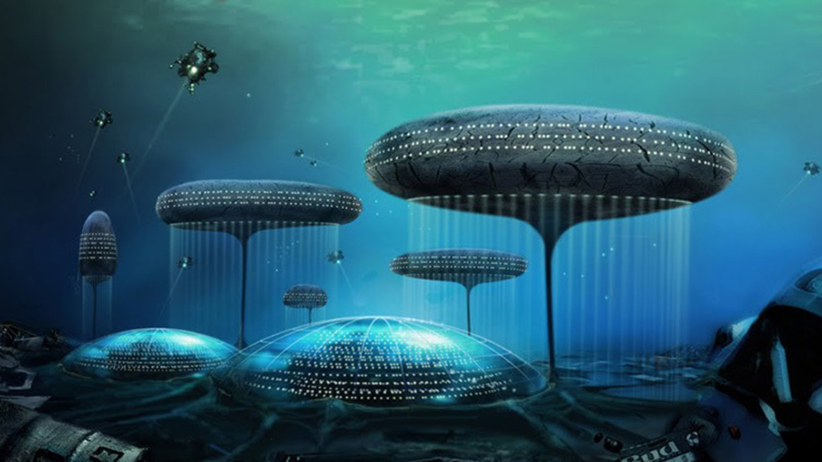 подводная станция аквариус. подводный город атлантида. плавучий город-офшор из пластикового мусора. здания будущего парусник. подводные сооружения.