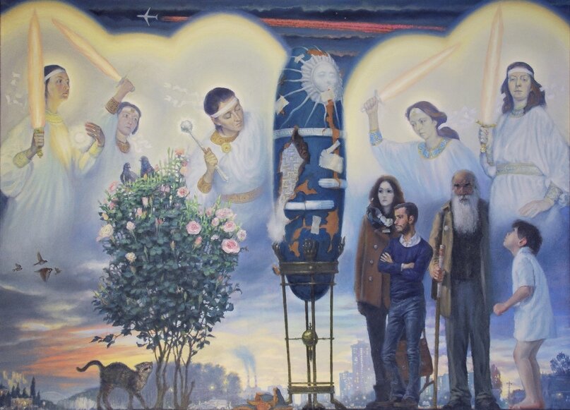 Иванищев Р. Шалтай и ангелы. 2020 х/м 110х150 Вторая работа из серии "Лабиринты".