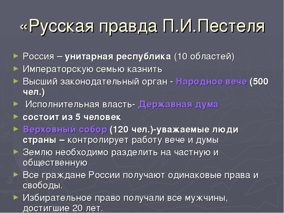 Автором конституционного проекта получившего название русская правда был декабрист