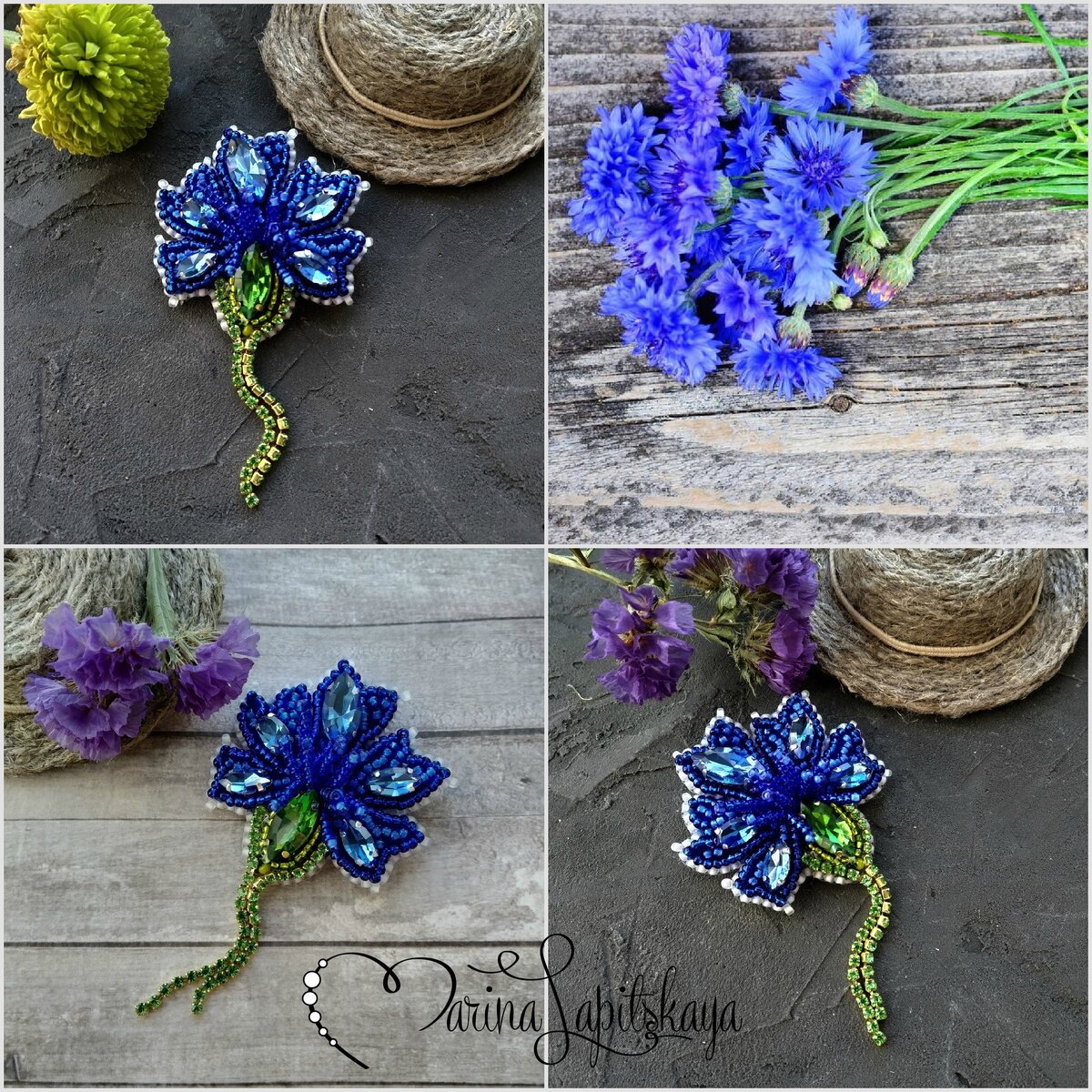 Брошь "Василек", стразы, стразовая цепочка, бисер, натуральная кожа