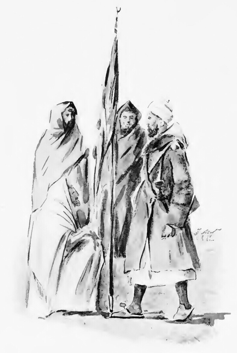Эль-Киани проповедует ливийским моджахедам в Триполитании. Рисунок капитана Исмаила Хакки. Взято с фронтисписа книги Эббота "Священная война в Триполи".