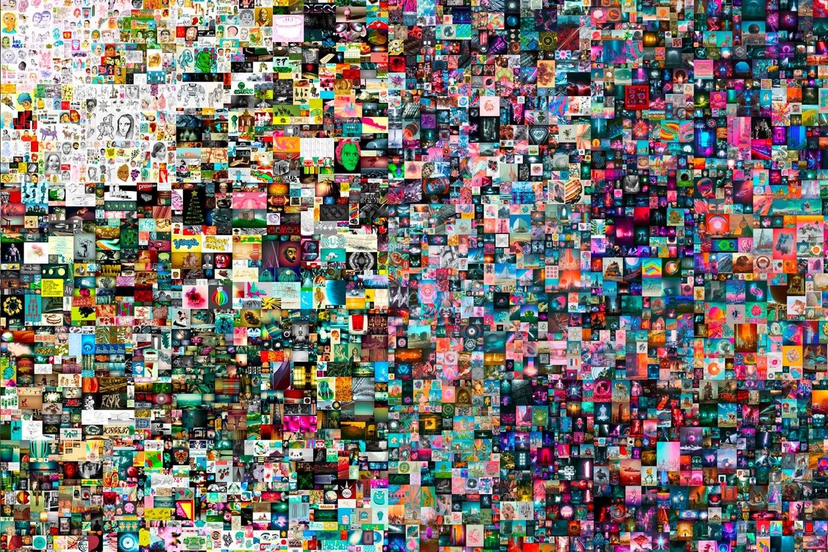 Beeple’s collage, Everydays: The first 5000 Days. Image: Beeple. Sold at Christie’s for  $69.3 million in 2021. 