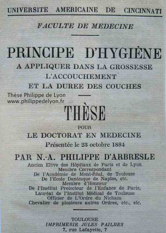 Докторская диссертация Филиппа Низье (по супруге д'Арбресл) защищенная в государственном университете Цинциннати. Первая в истории работа по принципам гигиены рожениц и малых детей.