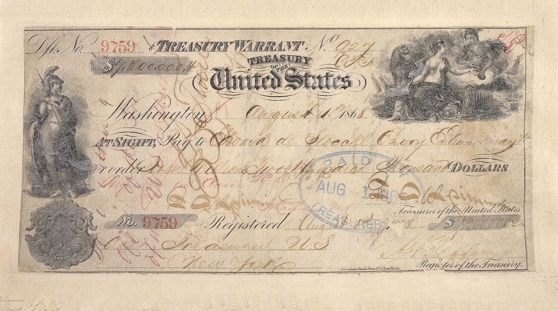 Платёжный документ американского казначейства за покупку Аляски и других российских земель в северной Америке. Фото из интернета.