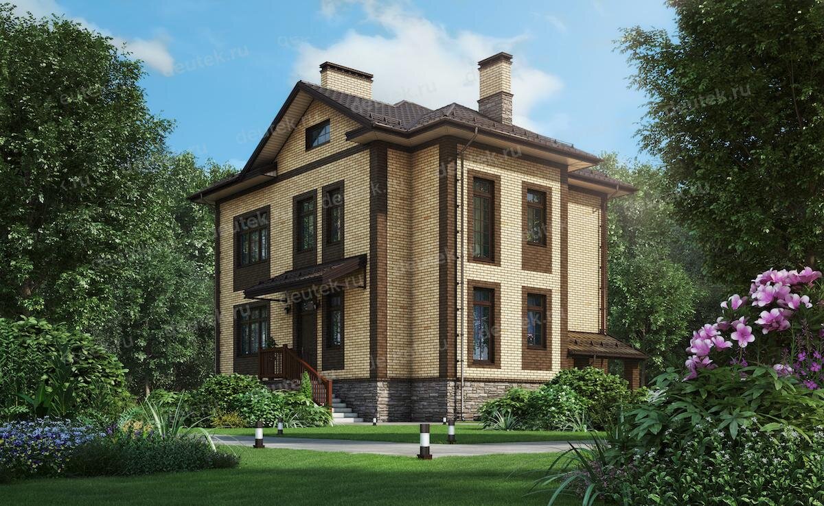 Проект двухэтажного дома 304 м2 с цокольным этажом, сауной и террасой - SK-103