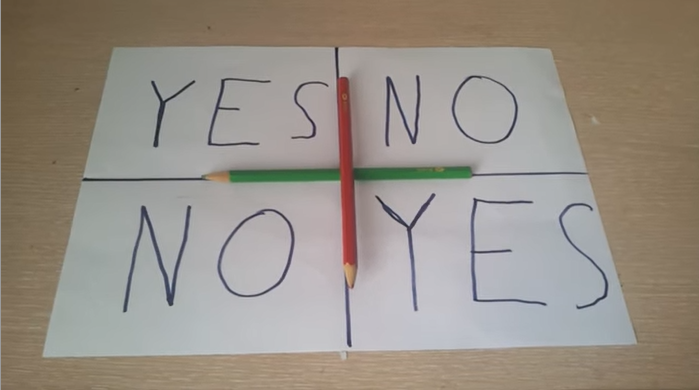 Сделала скриншот из видео игры "Чарли-Чарли". Так дети расчерчивают листок с ответами.