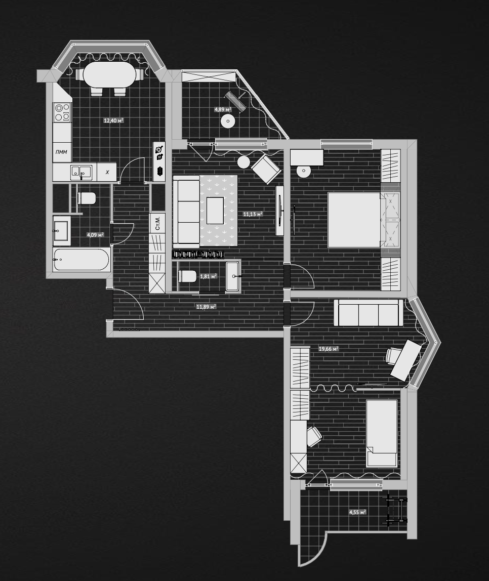 Первый вариант перепланировки трехкомнатной квартиры в панельном доме серии П-44Т 