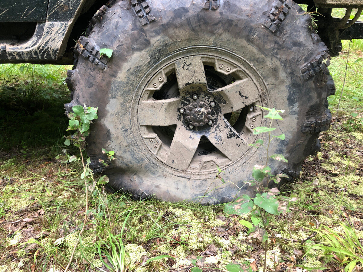 БТР шина на диске шириной 9 дюймов, 18 радиус, вылет 15 мм. После подрезки, неплохо плющится под Уаз Патриот.