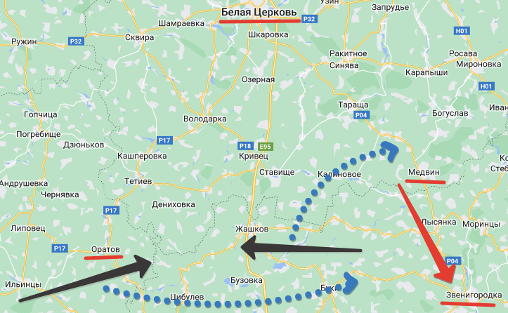 Чёрные  стрелы - замысел Операции "Ватутин", синие - прекращение операции и уход на деблокаду Корсунского "котла", созданного красной стрелой. Рисунок Автора