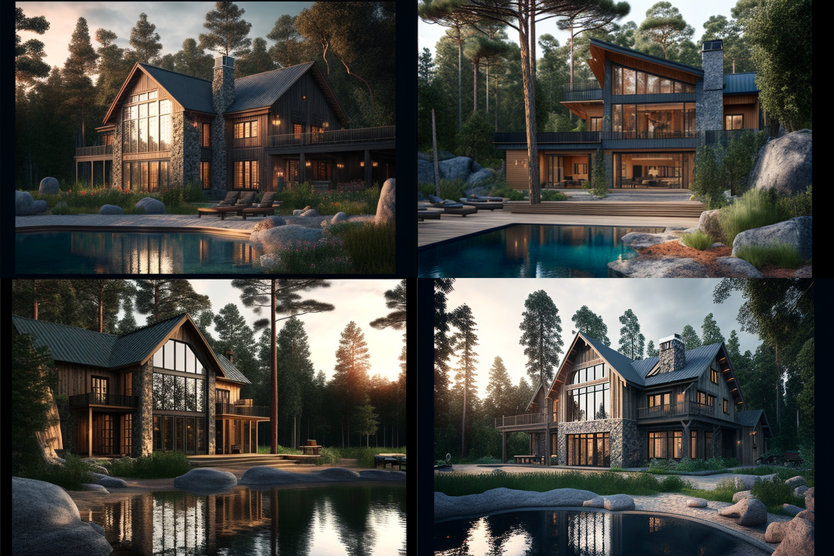 Проекты домов в различных стилях, сгенерированные Midjourney