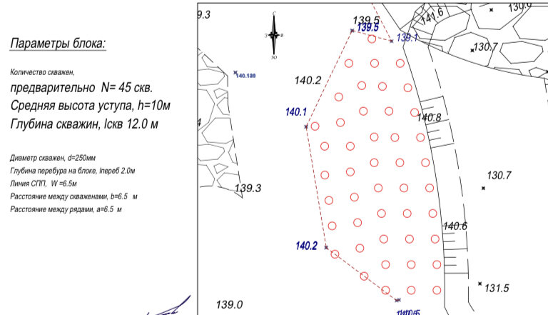 Пример оформления "Паспорта на бурение (не зачищенный уступ)": ограничение по площади и рулеточный вынос мест бурения скважин .