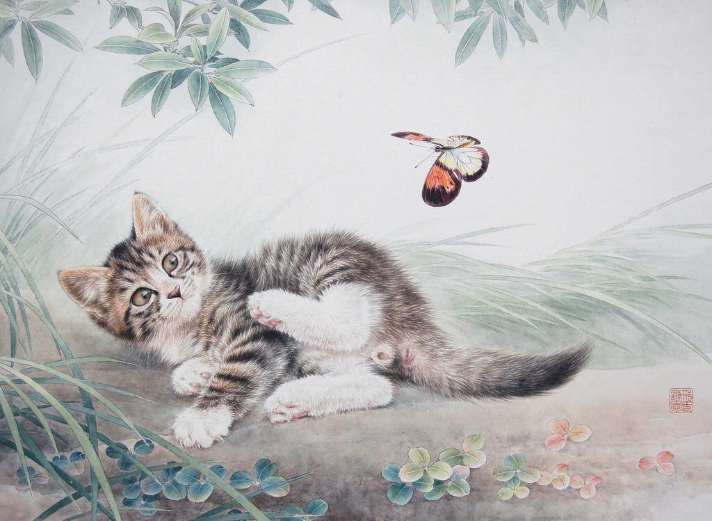 Котенок автор. Китайский художник XING Chengai. Художник XING Chengai кошки. Котята в китайской живописи. Котенок иллюстрация