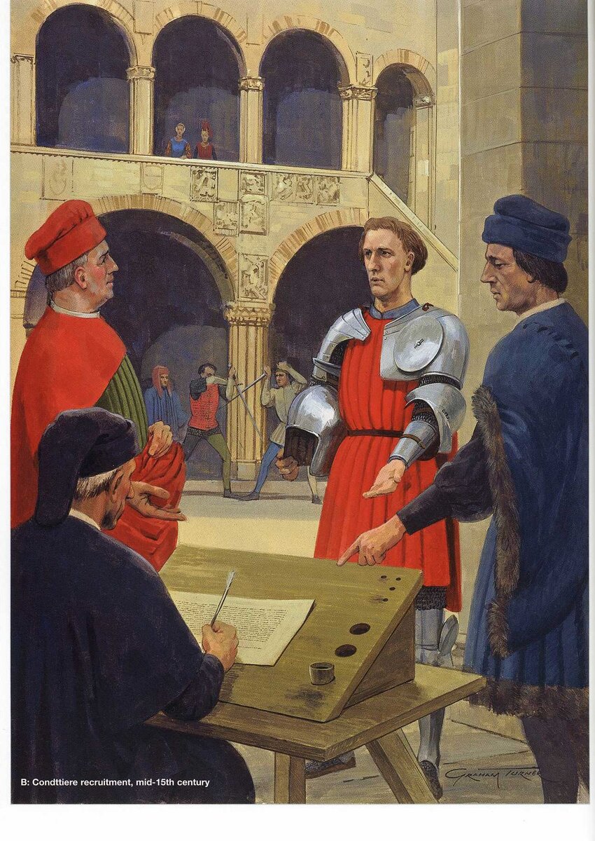 Чиновники из городского управления подписывают контракт с кондотьером, середина XV века