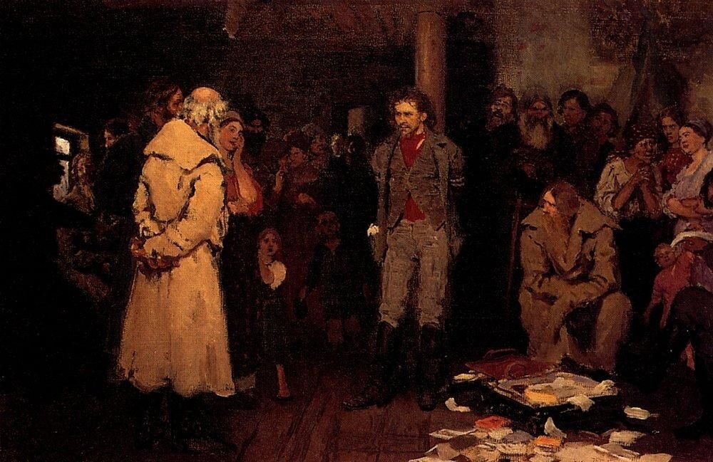 Илья Репин «Арест пропагандиста» 1878, первоначальный вариант одноименной картины; 
холст, масло. 38х57 см;
Государственная Третьяковская галерея, Москва.