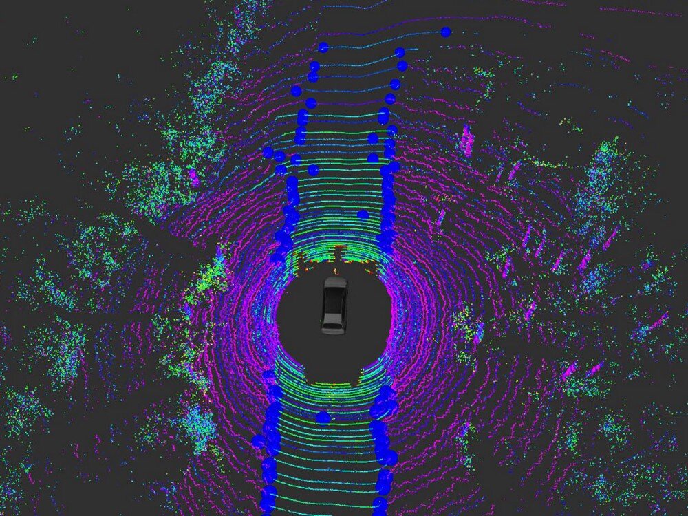 Как автомобиль видит мир с помощью сенсора LiDAR. Синие точки показывают, как автомобиль оценивает края дороги