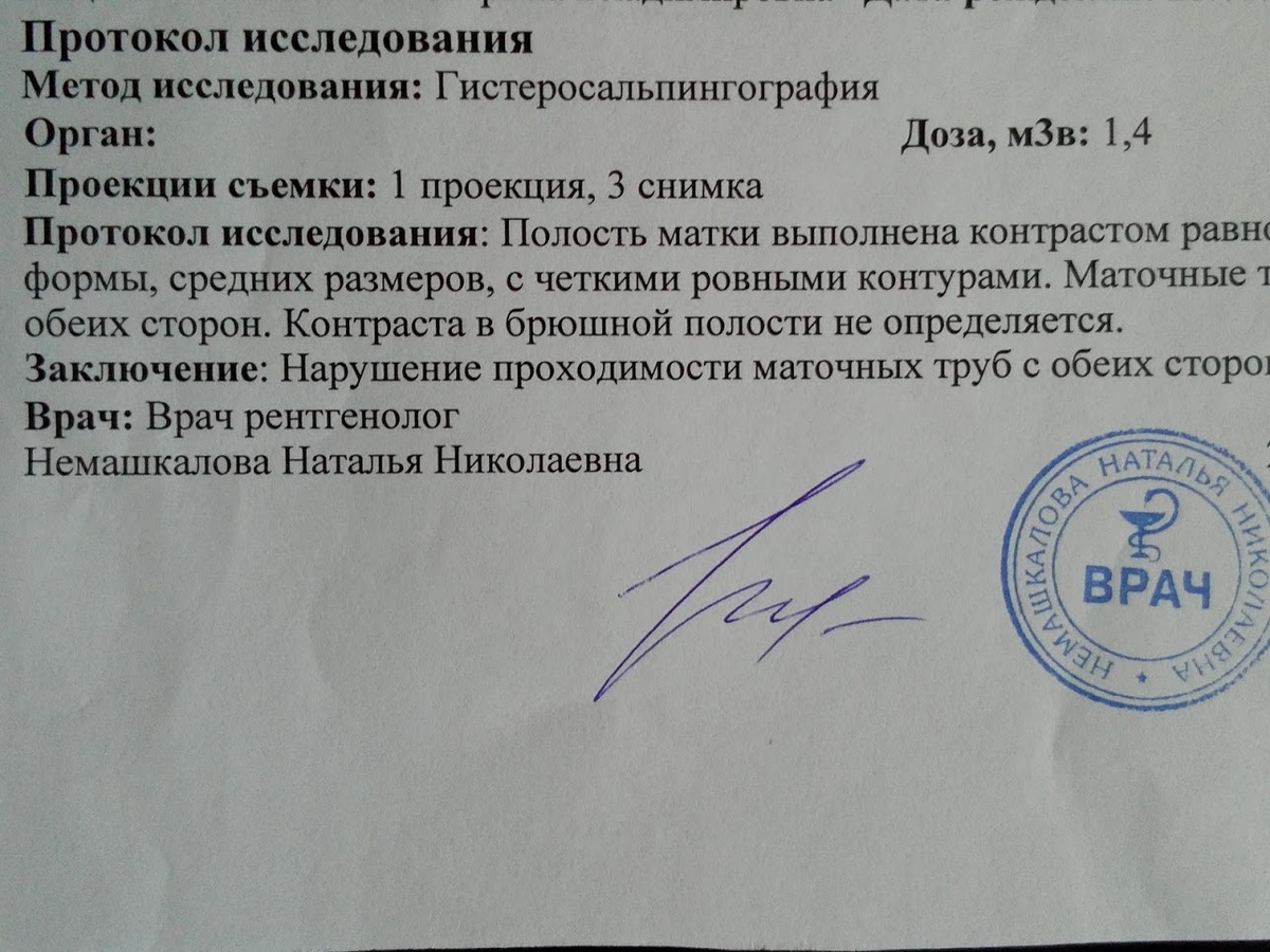 Заключение рентгенолога о непроходимости маточных труб