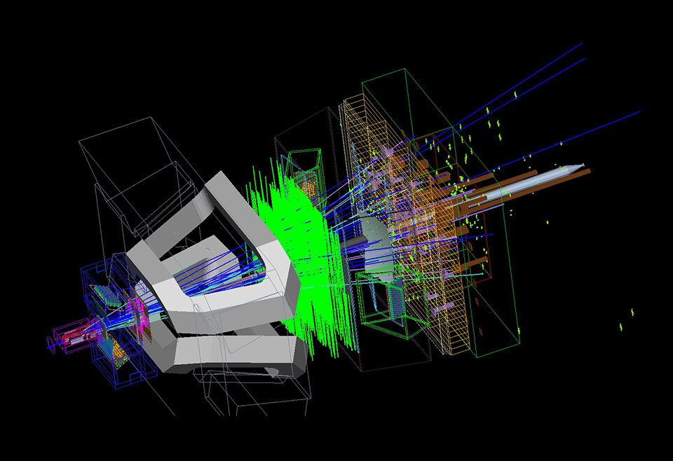 Столкновение двух протонов, зарегистрированное детектором LHCb
LHCb Collaboration © CERN