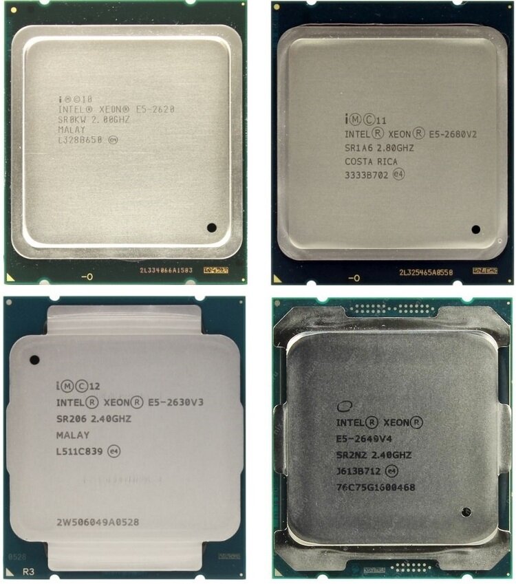 Процессоры Xeon E5. Верхний ряд v1 и v2, нижний ряд v3 и v4 (слева направо). Источник изображений: НИКС