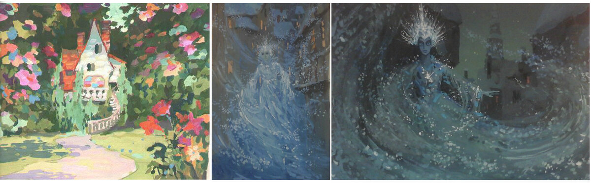 Яркий домик в цветах – работа А. Винокурова, автор двух других эскизов – Л. Шварцман.