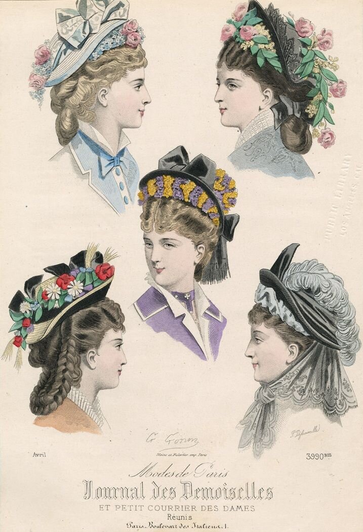 Модные шляпки, 1875 год. 
