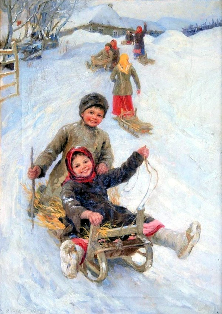 дети катаются с горы