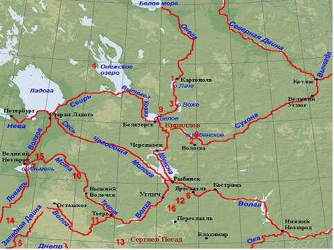 Рис. 1 Карта поселений: 1. Песчаница 12.5 тыс.л.н. R1a5, 2. Минино 10.7 тыс.л.н. R1a1, R1b1, 3. Караваиха 8.6 тыс.л.н. R1, 4. Южный Олений остр. 8.2 тыс.л.н. R1a, Q1a1 ,J1, 5. Сертея 8.3 тыс.л.н. R1a1 6 тыс.л.н., N1 4.5 тыс.л.н., 6. Халдеево 4.8 тыс.л.н. R1a1, 7. Коломцы 4.5+ тыс.л.н., 8. Векса 6.5+ тыс.л.н., 9. Модлона 4+ тыс.л.н., 10. Репище 5+ тыс.л.н., 11. Болшнево 4.8 тыс.л.н. R1a2, 12. Голузиново 4.5 тыс.л.н. R1a, 13. Ханево 4.8 тыс.лет.н. R1a1, 14. Усвяты 6.5 тыс.л.н. R1a5, 15. Кончанское 4.5+ тыс.л.н., 16 Халдеево 4.8 тыс.лет.н. R1a1
