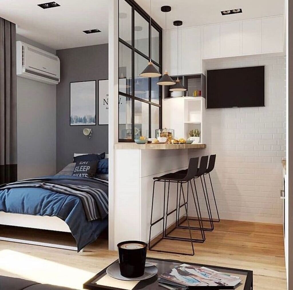 интерьер студии 25 кв м с кроватью