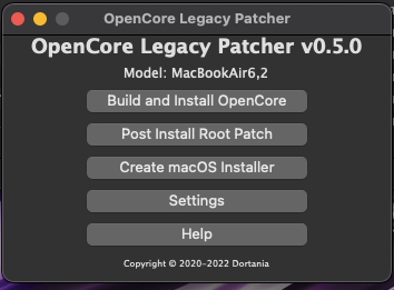 Главное меню OpenCore-Patcher-GUI.app 