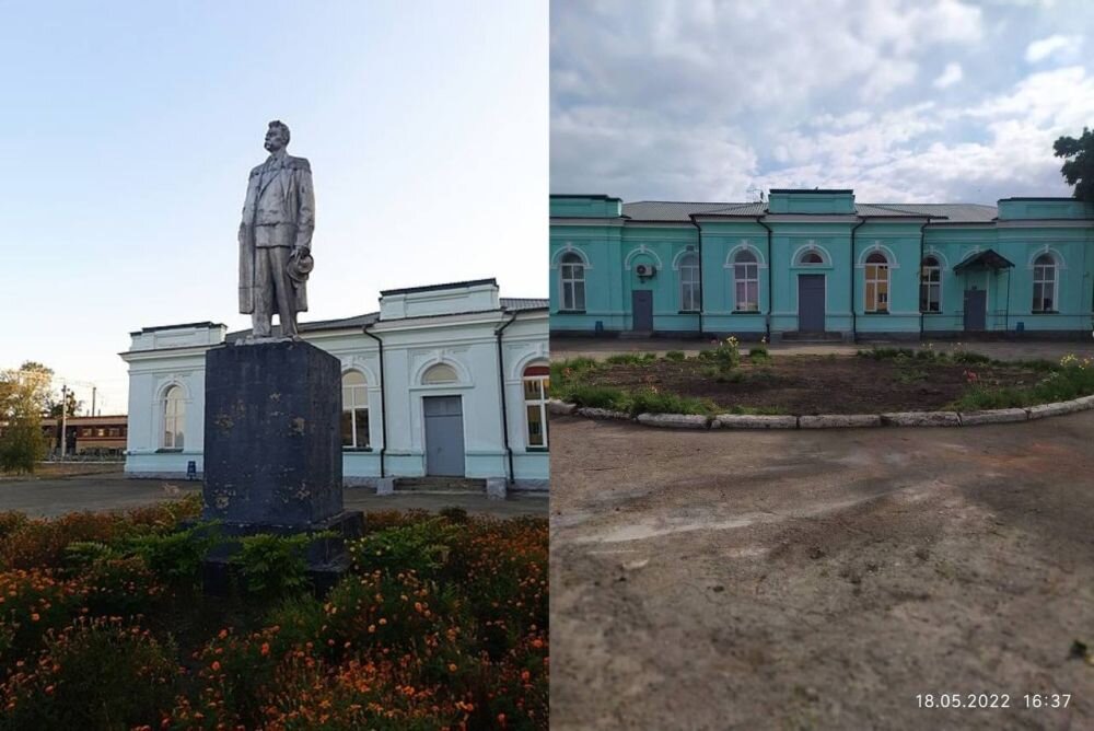 Май 2022 года. Памятник Горькому в посёлке Кегичевка Харьковской области. Фото из социальных сетей