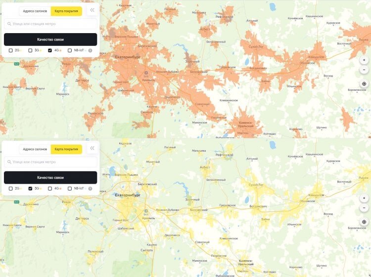    Сверху — покрытие 4G, снизу — 3G