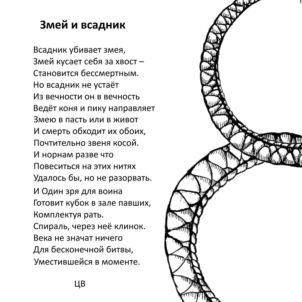 
Всадник убивает змея,
Змей кусает себя за хвост –
Становится бессмертным.
Но всадник не устаёт
Из вечности он в вечность
Ведёт коня и пику направляет
Змею в пасть или в живот
И смерть обходит их обоих,
Почтительно звеня косой.
И норнам разве что
Повеситься на этих нитях
Удалось бы, но не разорвать.
И Один зря для воина
Готовит кубок в зале павших,
Комплектуя рать.
Спираль, через неё клинок.
Века не значат ничего
Для бесконечной битвы,
Уместившейся в моменте. 


ЦВ