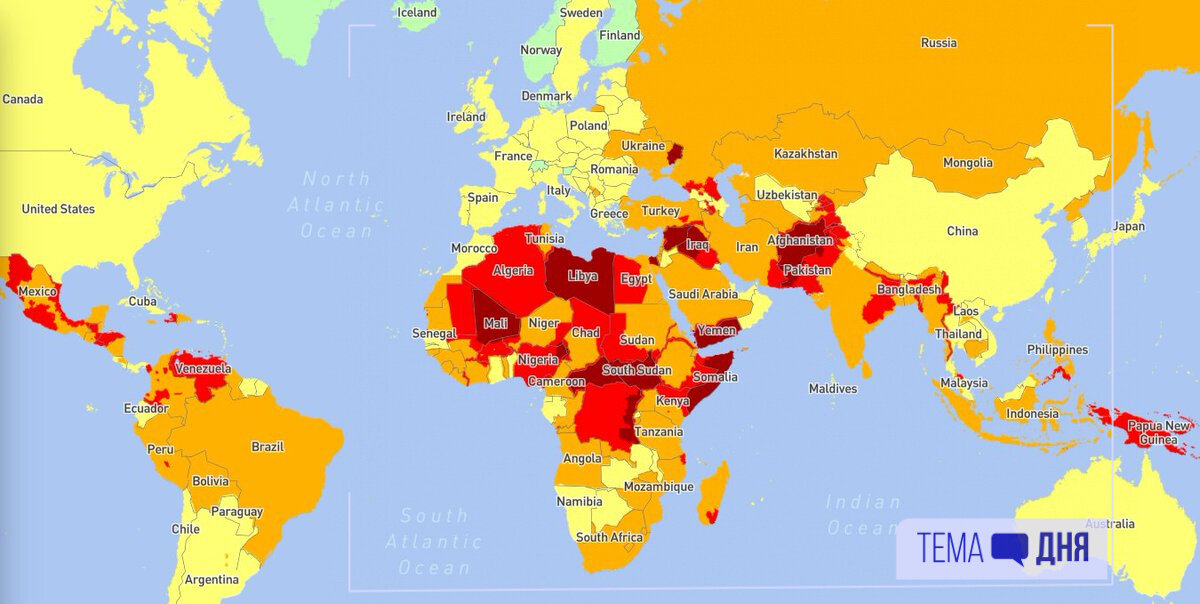 Рейтинг самых опасных стран для путешествий (красный - опасный, оранжевый - средне-опасный, желтый - безопасный)