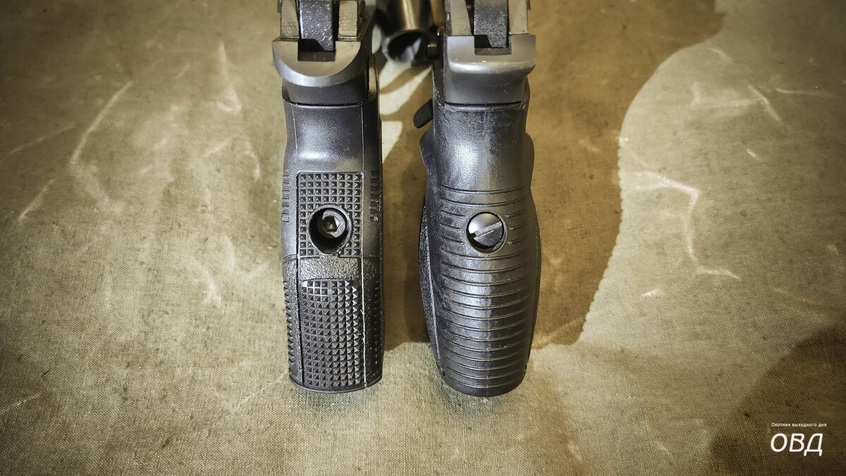 Толщина оригинальной рукоятки М9Т (слева) и рукоятки «Дозор» (справа)