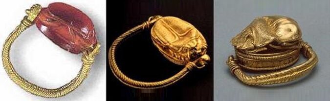 1- Золотой плетеный перстень IV в. до н.э. с сердоликовым египетским скарабеем; 2 - Золотой перстень с египетским скарабеем в виде щитка; 3 - Перстень со скарабеем из кургана Большая Близница.