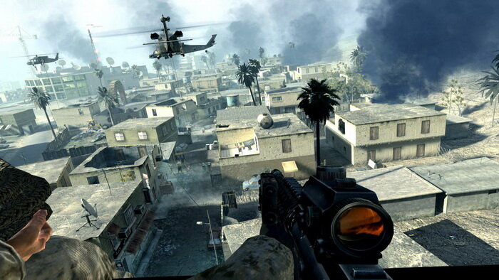 Стрельба с вертолёта. Скриншот из игры Call of Duty 4: Modern Warfare