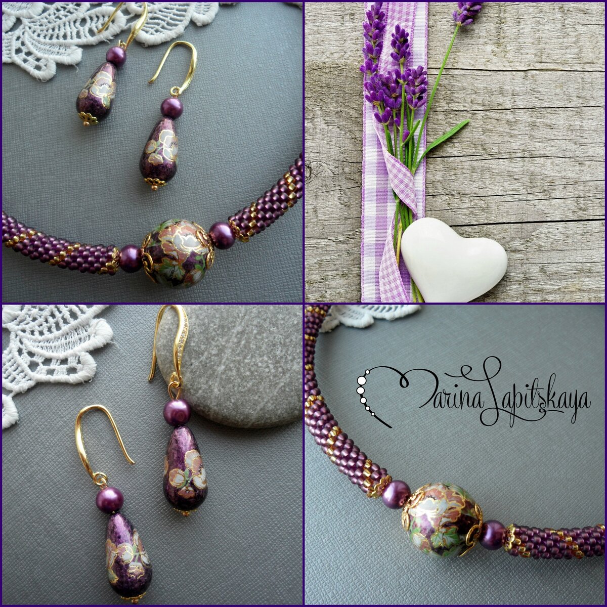 Чокер и серьги "Веточки лаванды", бисер, бусина Тенша (Япония), жемчуг (Чехия), фурнитура под золото, мемори-проволока