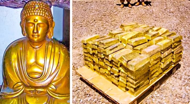 Золотая статуя Будды весом в 1 000 кг и слитки золота, найденные в одном из тайников.