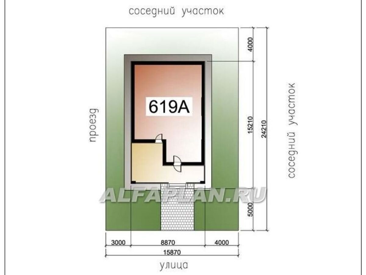 План размещения на участке одноэтажного дома по проекту 619А «Родия », 87 м2 