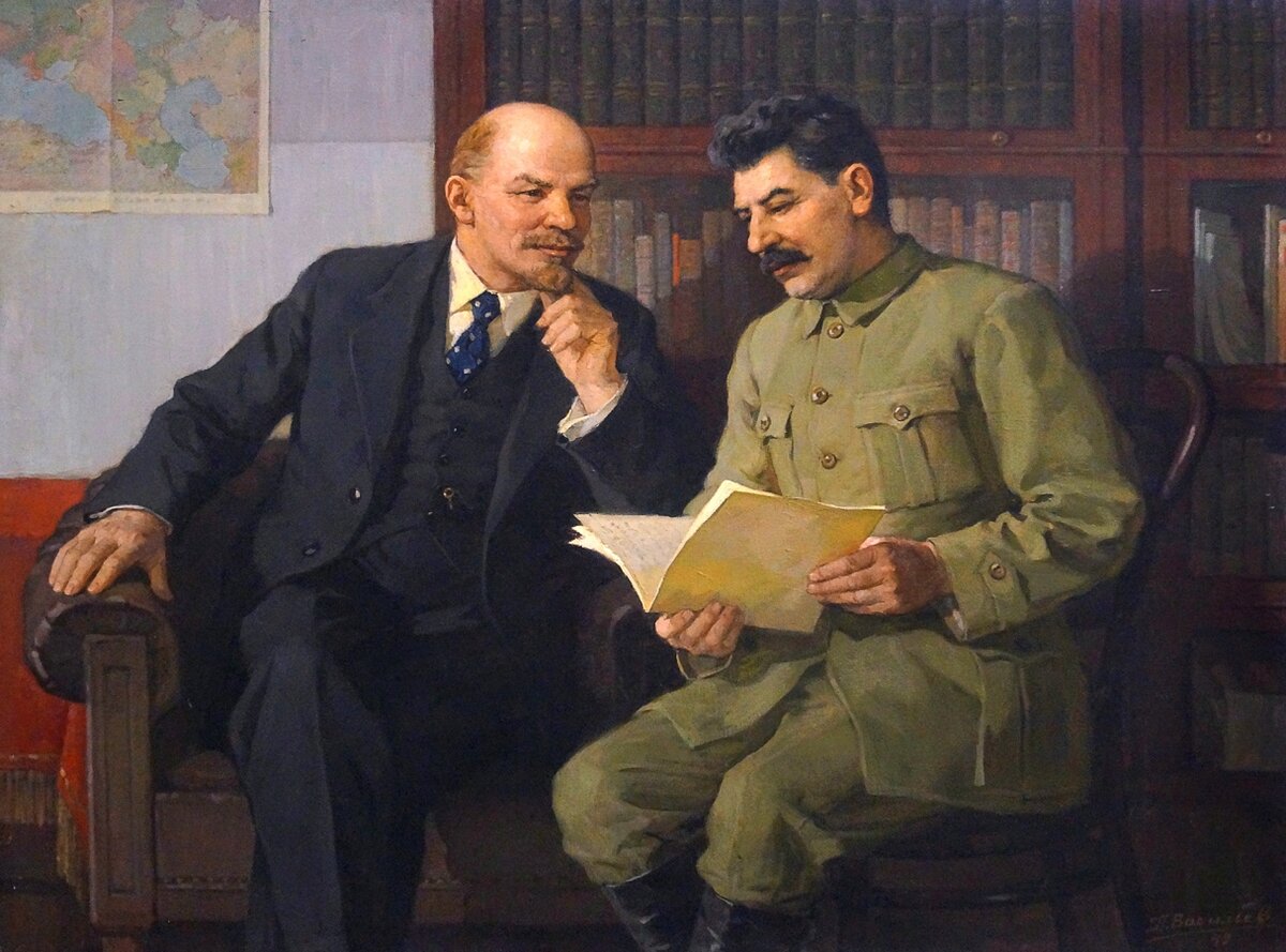 "Ленин и Сталин за беседой". Картина  Петра Васильевича Васильева, 1949 г.