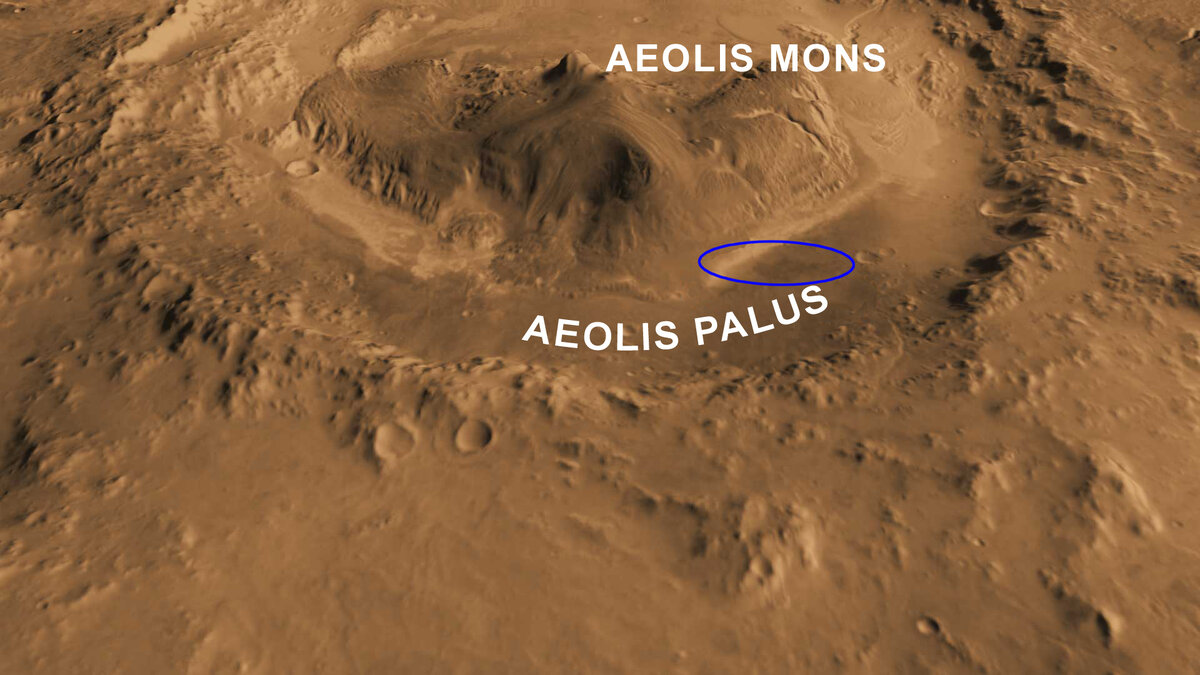 Кратер Гейла. Отмечена область посадки Mars Science Laboratory на Aeolis Palus