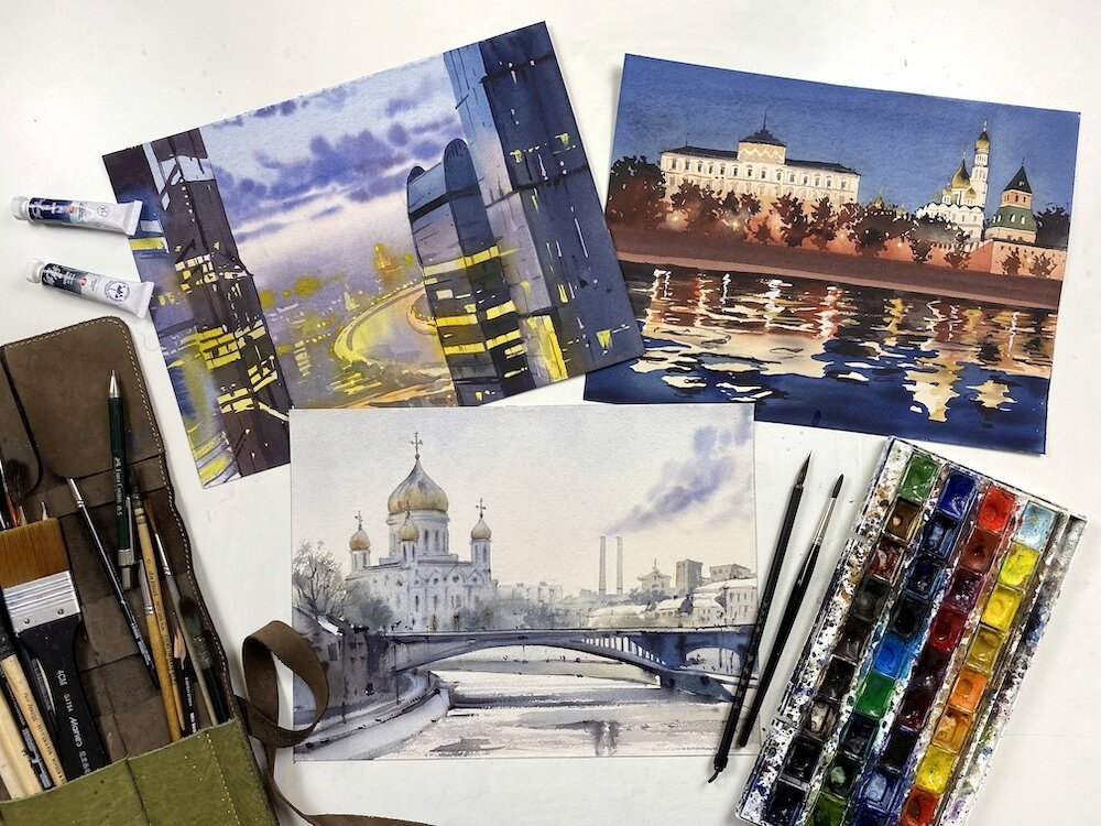 Работы Дарьи Куцаевой, выполненные акварелью.