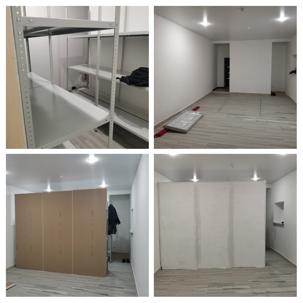 Гипсокартон крепил на болты к стеллажам. И красил на три раза водоэмульсионной краской.