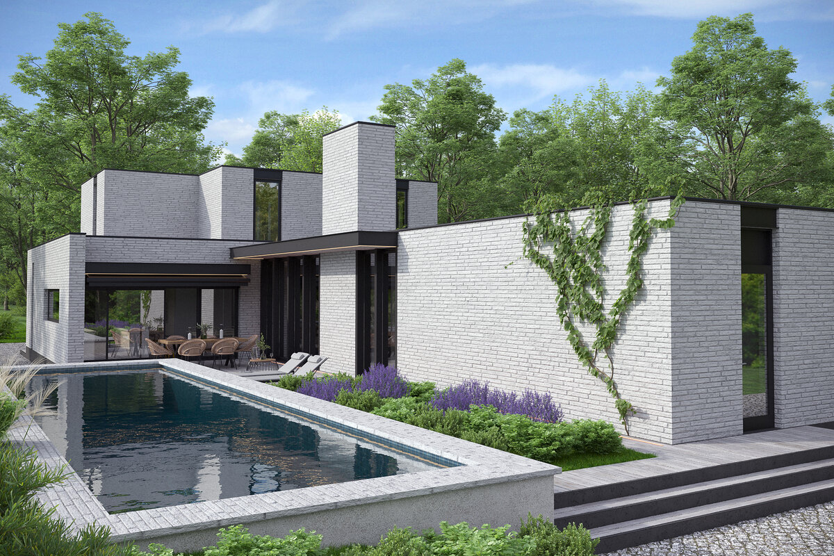 Бассейн и дом связаны террасой, создавая единый объем.