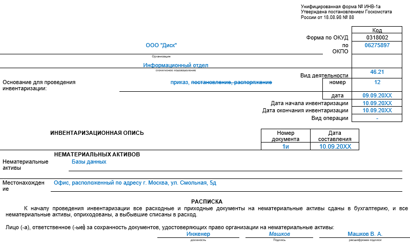 Как правильно провести инвентаризацию. Инвентаризация НМА форма инв-1а. Инв-1 инвентаризационная опись основных средств пример заполнения. Инвентаризационная опись нематериальных активов (форма инв-1а)). Пример инвентаризационной описи основных средств.